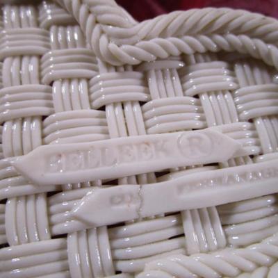 Belleek porcelain pink floral reticulated weaved basket