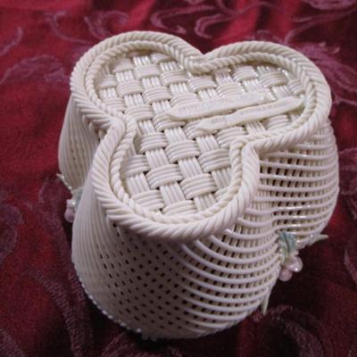 Belleek porcelain pink floral reticulated weaved basket
