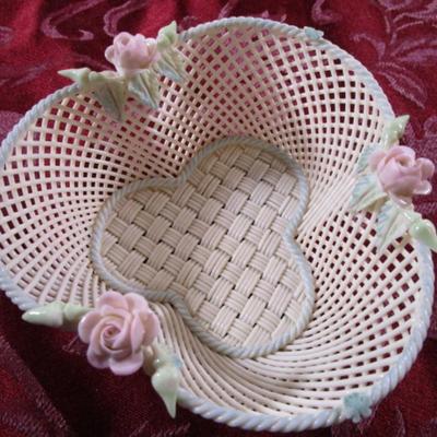 Belleek porcelain pink floral reticulated weaved basket