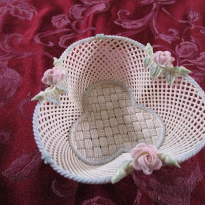 Belleek porcelain pink floral reticulated weaved basket