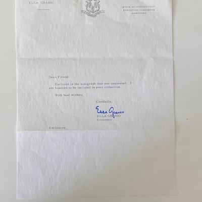 Governor of Connecticut Ella Grasso signed typed letter 