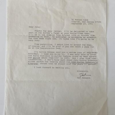 Author Ted Sennett signed typed letter 