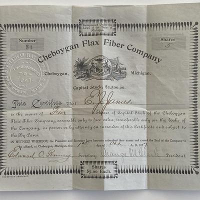 Cheboygan Flax Fiber Company signed certificate 