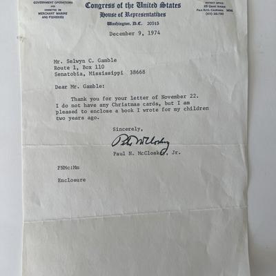 House of Representatives Pete McCloskey signed letter 