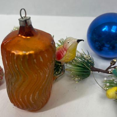 Unique Antique Ornaments - Bird on Acorn, clip on red ,elf, blue ball Small Lot