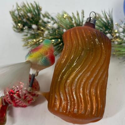Unique Antique Ornaments - Bird on Acorn, clip on red ,elf, blue ball Small Lot