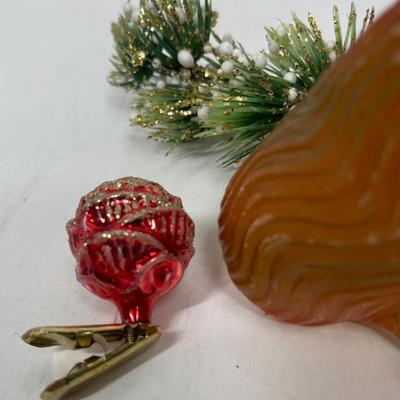 Unique Antique Ornaments - Bird on Acorn, clip on red ,elf, blue ball Small Lot