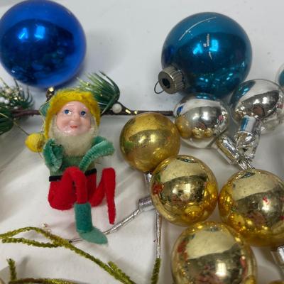 Unique Antique Ornaments - Bird on Acorn, clip on red ,elf, blue ball Small Lot