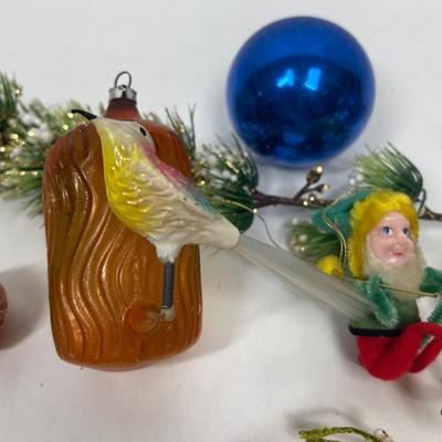 Unique Antique Ornaments - Bird on Acorn, clip on red ,elf, blue ball Small Lot