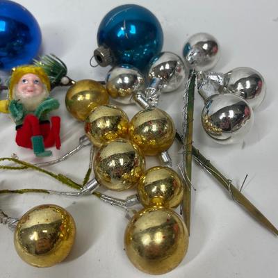Unique Antique Ornaments - Bird on Acorn, clip on red ,elf, blue ball Small Lot