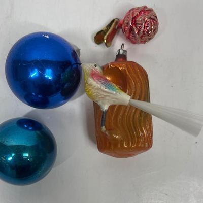 Unique Antique Ornaments - Bird on Acorn, clip on red ,elf, blue ball Small Lot