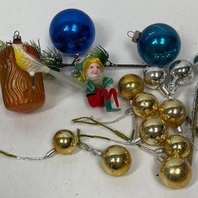 Unique Antique Ornaments - Bird on Acorn, clip on red ,elf, blue ball Small Lot