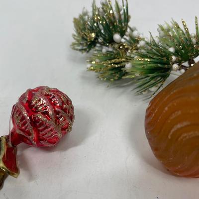 Unique Antique Ornaments - Bird on Acorn, clip on red ,elf, blue ball Small Lot