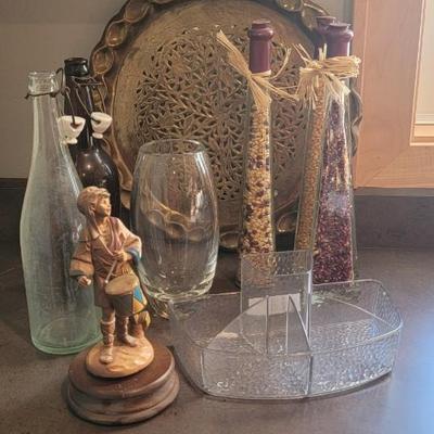 Brass plate, wood music box, vases