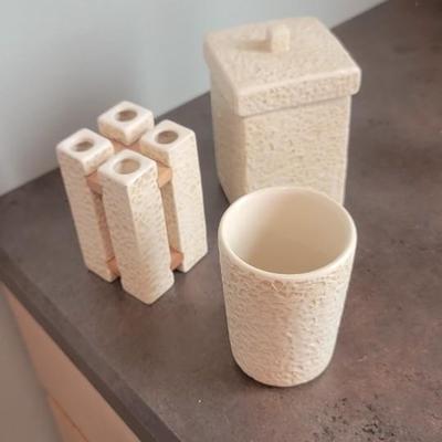 Five tier candleholder, basket, bathroom trio