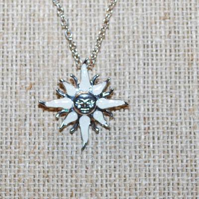 White Enamel "Star & Moon" PENDANT (1" x 1") on a Silver Tone Necklace Chain 16" L