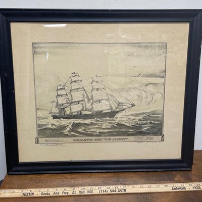 Sale Photo Thumbnail #197: Framed size is approx. 21" x 25". Black wood frame has some distress marks, but artwork is in great condition. Signed in pencil by the artist Chas. V. Thomas in the lower right.