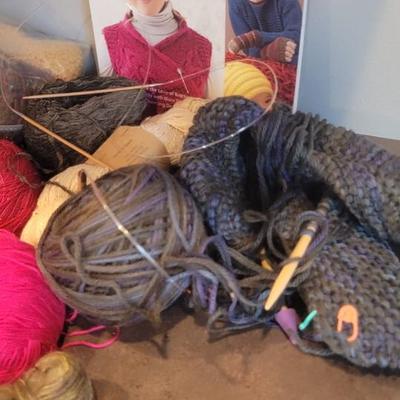 Miscellaneous skeins if yarn, book