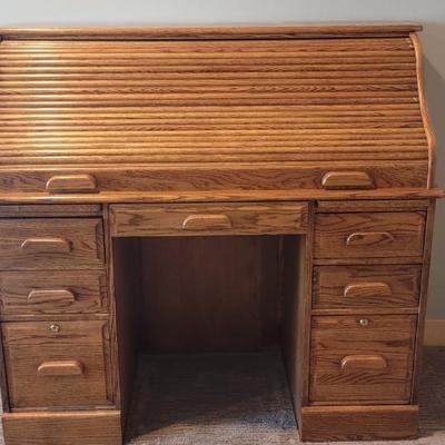 Solid Oak Roll top desk & chair