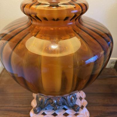 Diane Grant Hollywood Regency Amber Glass Table Lamp Pair