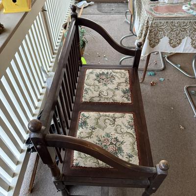 Vintage Wooden Bench with Floral Upholstery Slat Back Design Indoor