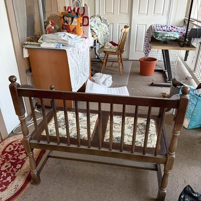 Vintage Wooden Bench with Floral Upholstery Slat Back Design Indoor