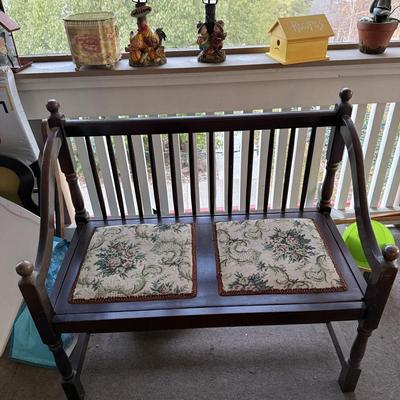 Vintage Wooden Bench with Floral Upholstery Slat Back Design Indoor