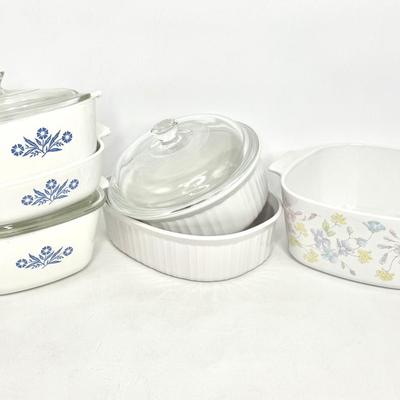Blue Cornflower and French White CorningWare Lot - 6 Casserole Dishes and 3 Lids.