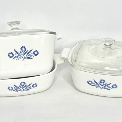 Blue Cornflower and French White CorningWare Lot - 6 Casserole Dishes and 3 Lids.
