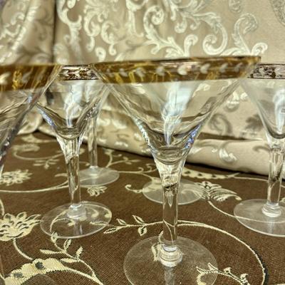 Set of 6 Vintage Etched Floral Martini Glasses with Gold Rim