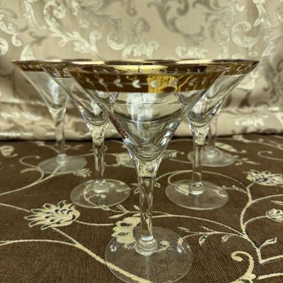 Set of 6 Vintage Etched Floral Martini Glasses with Gold Rim