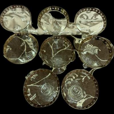 Set of 6 Vintage Etched Floral Martini Glasses with Gold Rim