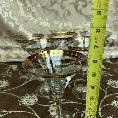 Set of 6 Vintage Etched Floral Martini Glasses with Gold Rim