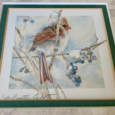 LOT 2 L: Cardinal Collection: Handmade & Signed Trinket Box, Hand Crafted Wooden Statue, & Framed Labeled Prints