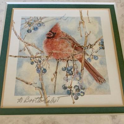LOT 2 L: Cardinal Collection: Handmade & Signed Trinket Box, Hand Crafted Wooden Statue, & Framed Labeled Prints