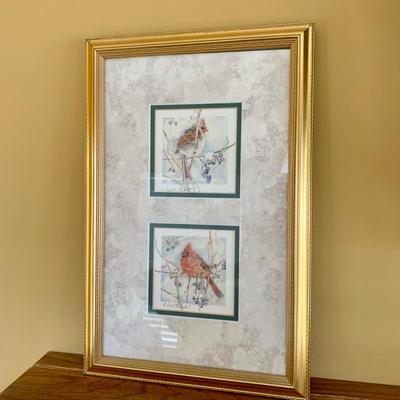 LOT 2 L: Cardinal Collection: Handmade & Signed Trinket Box, Hand Crafted Wooden Statue, & Framed Labeled Prints