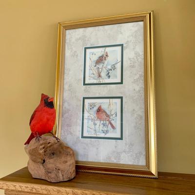LOT 2 L: Cardinal Collection: Handmade & Signed Trinket Box, Hand Crafted Wooden Statue, & Framed Labeled Prints