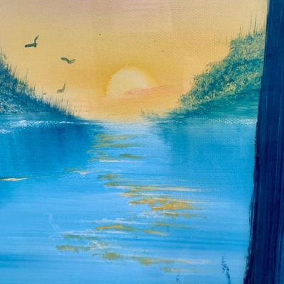 LOT 3 L: Framed & Signed Painting 2008 by Fran "Done - Peace": Boat on Lake at Sunset