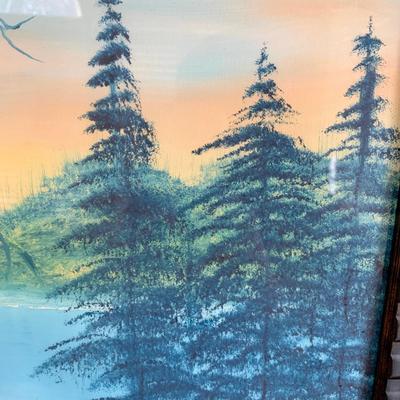 LOT 3 L: Framed & Signed Painting 2008 by Fran "Done - Peace": Boat on Lake at Sunset