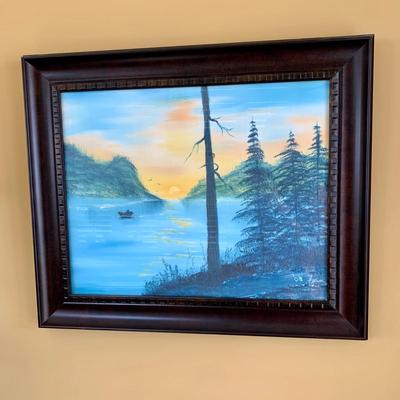 LOT 3 L: Framed & Signed Painting 2008 by Fran "Done - Peace": Boat on Lake at Sunset