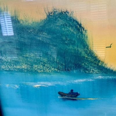 LOT 3 L: Framed & Signed Painting 2008 by Fran "Done - Peace": Boat on Lake at Sunset