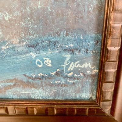 LOT 3 L: Framed & Signed Painting 2008 by Fran "Done - Peace": Boat on Lake at Sunset