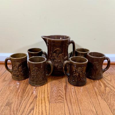 LOT 20 L: 1920's Nelson McCoy Sanitary Co. Buccaneer Pitcher w/ 6 Mugs & McCoy Pottery Mixing Bowl