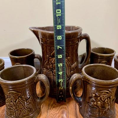 LOT 20 L: 1920's Nelson McCoy Sanitary Co. Buccaneer Pitcher w/ 6 Mugs & McCoy Pottery Mixing Bowl