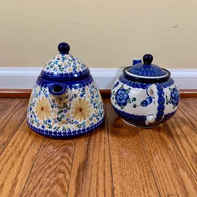 LOT 21 L: Handmade Blue & White Polish Stoneware Collection: Teapots, Mugs, Salt & Pepper Shakers, & More