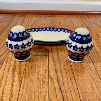 LOT 21 L: Handmade Blue & White Polish Stoneware Collection: Teapots, Mugs, Salt & Pepper Shakers, & More