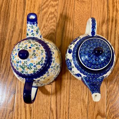 LOT 21 L: Handmade Blue & White Polish Stoneware Collection: Teapots, Mugs, Salt & Pepper Shakers, & More