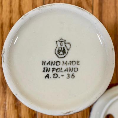 LOT 21 L: Handmade Blue & White Polish Stoneware Collection: Teapots, Mugs, Salt & Pepper Shakers, & More