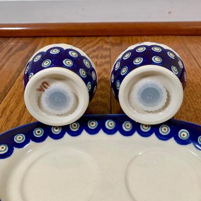 LOT 21 L: Handmade Blue & White Polish Stoneware Collection: Teapots, Mugs, Salt & Pepper Shakers, & More