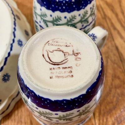 LOT 21 L: Handmade Blue & White Polish Stoneware Collection: Teapots, Mugs, Salt & Pepper Shakers, & More